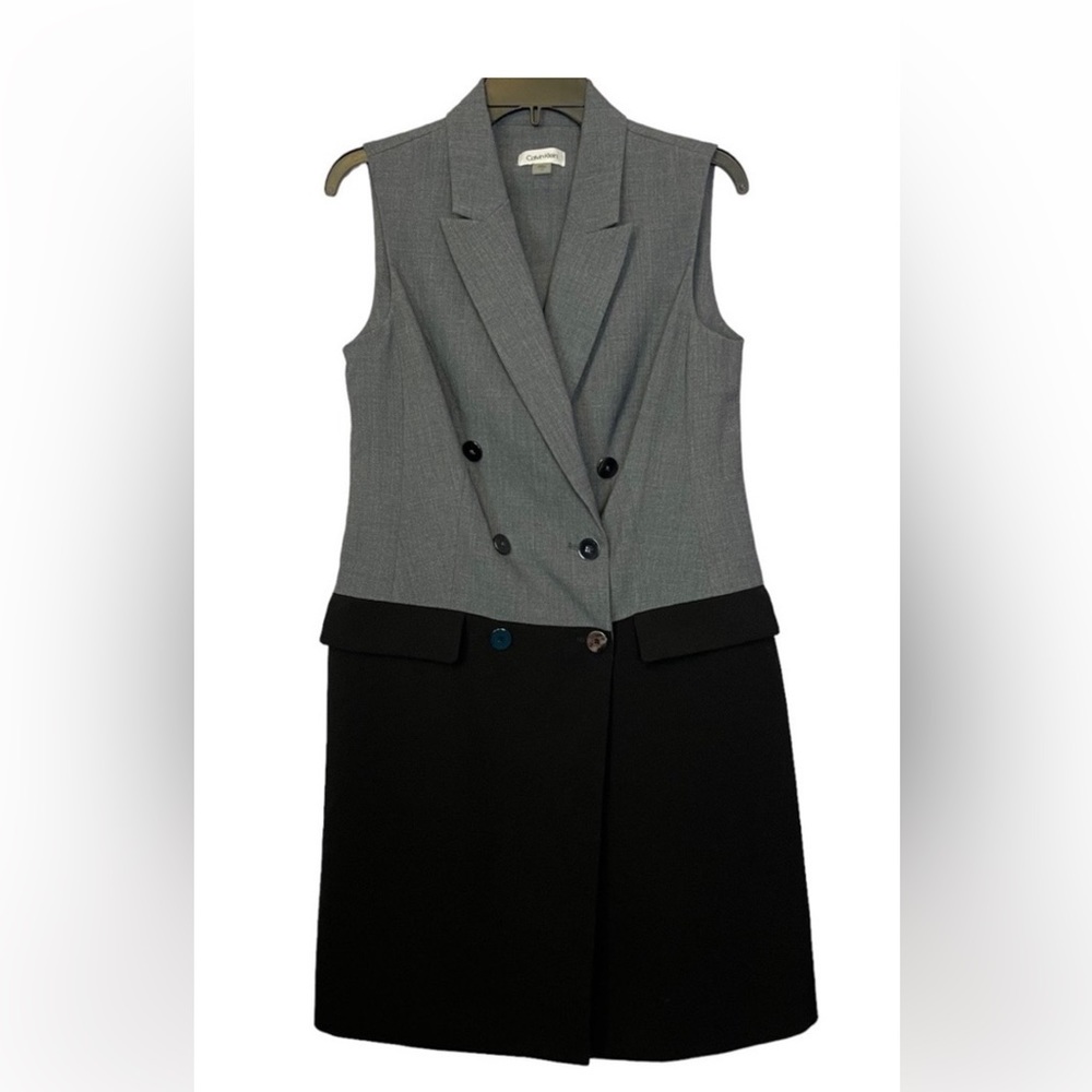 Calvin Klein Grey Black Sleeveless Button Down Faux Tuxedo Sheath Dress Sz 12